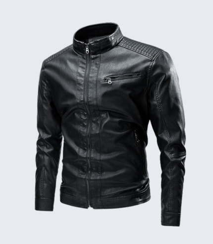 Black Biker Style Zipper Moto Leather Jacket