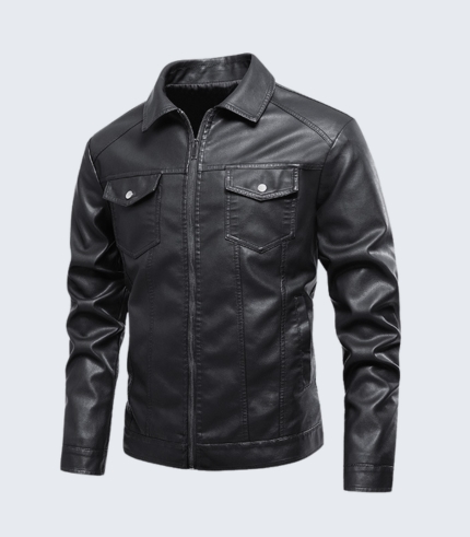 Black Casual Leather Denim Style Jacket