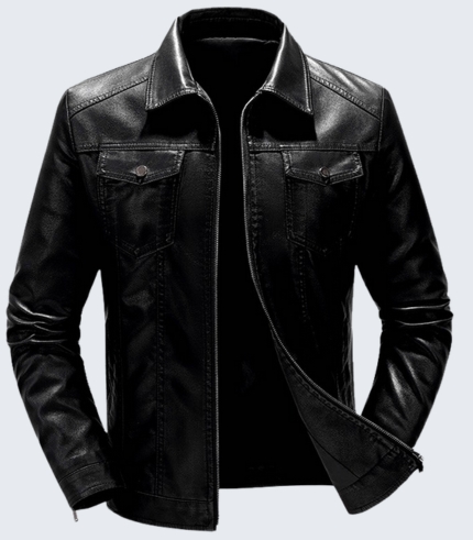 Black Collared Leather Trucker Men's Jacket