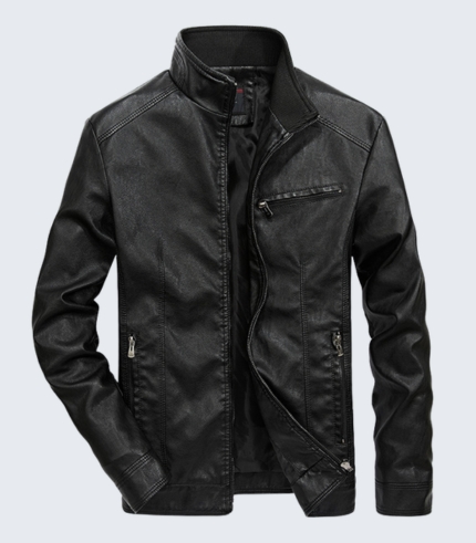 Black Leather Biker Jacket with Zip Pockets