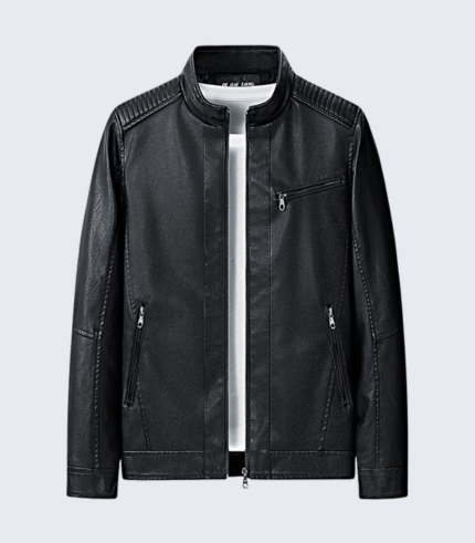 Black Leather Biker Jacket with Two Zipper Pockets