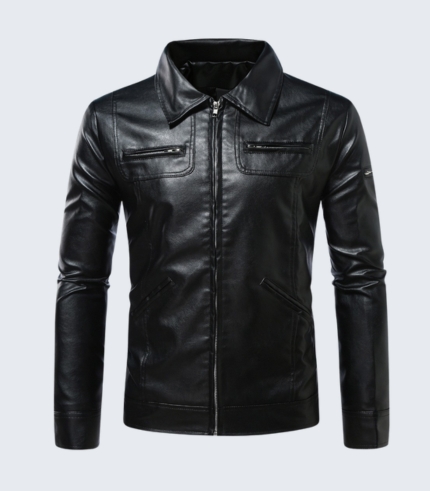 Men's Black Faux Leather Collared Multi-Pocket Jacket
