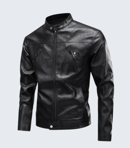Black Stand Collar Slim Fit Leather Jacket